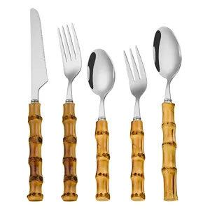 Stainless steel flatware set with realistic bamboo handles, 5-piece luxury cutlery set.