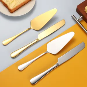 Stainless steel cake knife and server set in gold and silver, perfect baking tools.