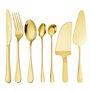 Gold stainless steel flatware set main view, elegant knife fork and spoon tableware for home.