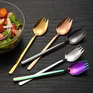 Stainless Steel Salad Spoon And Fork 2 In 1 Long Handle Fruit Dessert Cake Tableware For Kitchen Dining