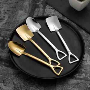 Hermoso juego de cucharas con forma de pala de acero inoxidable para café y postres.