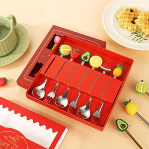 Stainless steel fruit spoon fork gift set with cute silicone handles for coffee and dessert.
