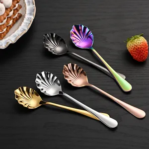 Stainless steel shell-shaped spoons set, colorful dessert coffee spoons for home and party use.