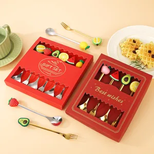 Stainless steel fruit spoon set with cute creative charm handles for coffee dessert gift.