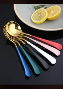 Stainless steel round head spoons with colorful handles, ideal for dessert, home and hotel use.