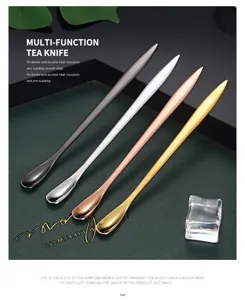 Stainless steel multi-function tea knife spoon set in four colors for kitchen and tea ceremony.