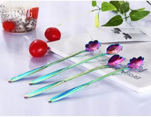 Stainless steel rainbow flower spoons detail view, long handle coffee dessert tableware.