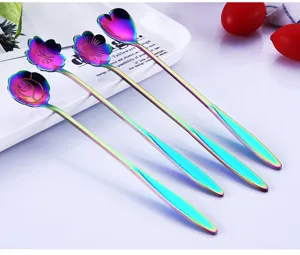 Stainless steel rainbow flower spoons, long handle coffee dessert spoons set of four pieces.