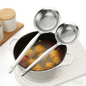 Stainless steel fine mesh skimmer spoon for hot pot, soup fat separator and food filtering.