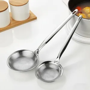 Stainless steel hot pot skimming spoon filter kitchen tool detail view, durable mesh design.
