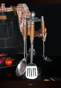 Stainless steel kitchen utensil set with wooden handles and vertical display stand for daily cooking.