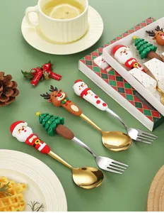 Christmas stainless steel cutlery set with cute silicone handles, spoon and fork gift box.