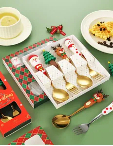 Christmas stainless steel cutlery set detail, cute cartoon silicone handle spoons and forks.