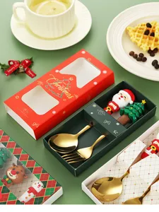 Stainless steel Christmas tableware set with cute cartoon silicone handles and gift box.