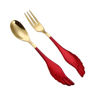 Set di cucchiaio e forchetta in acciaio inox con manico ad ala rossa per dessert caffè.