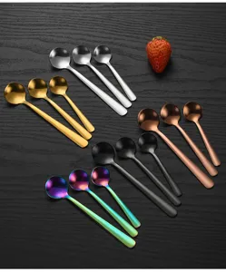 Stainless steel mini round spoons set, short handle coffee and dessert spoons multi-color.