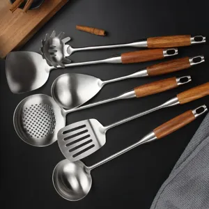 304 Stainless Steel Kitchen Utensils Cooking Spatula Soup Spoon Rice Spoon Storage Rack Pear Wood Handle Heat Resistant