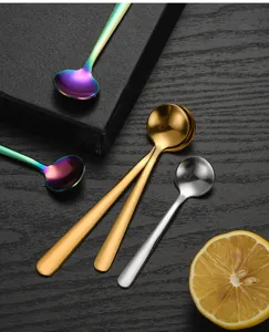 Stainless steel short-handled round spoon for coffee, dessert, honey and ice cream, durable.
