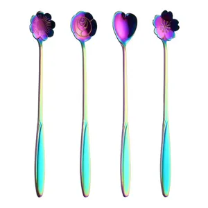 Stainless Steel Iridescent Floral Long Handle Coffee Spoon Colorful Flower Shape Dessert Stirring Spoon Tableware