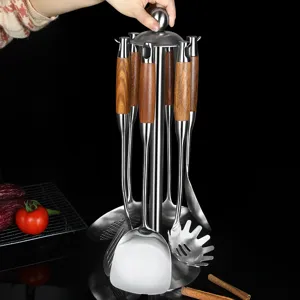 Stainless steel kitchen utensil set with wooden handle cooking tools and rotating stand holder.