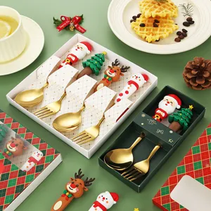 Stainless Steel Christmas Cutlery Set Cartoon Santa Claus Reindeer Spoon Fork with Gift Box Holiday Tableware