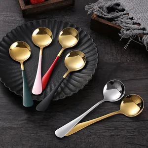 Stainless steel round spoon with colorful handle, ideal for dessert, coffee, breakfast and cake stirring.