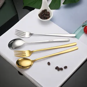 Stainless steel Korean style spoon and fork set, gold and silver cutlery for home use.