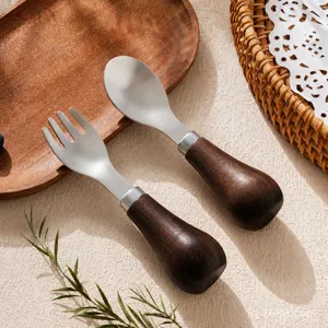 Children Stainless Steel Spoon And Fork Set Wooden Handle Toddler Feeding Tableware Baby Complementary Food Cutlery