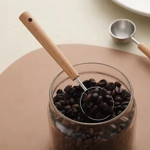 Stainless steel measuring spoon with wooden handle for coffee beans milk powder kitchen use