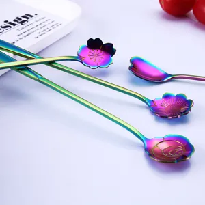 Stainless steel rainbow flower spoon, long handle coffee and dessert spoon for home use.