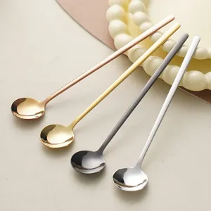 Stainless steel long handle spoon Korean style small round coffee spoon set 4pcs