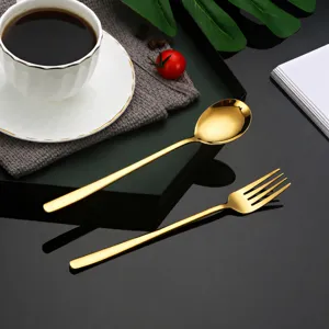 Gold stainless steel spoon and fork tableware set, elegant Korean style flatware for home use.