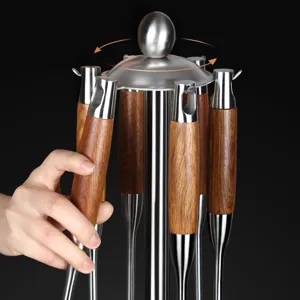 Stainless steel kitchen utensil set with wooden handle rotating holder cooking tool