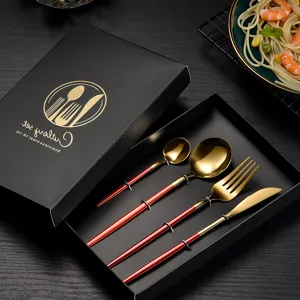 Stainless steel Portuguese cutlery set 4-piece gold knife fork spoon in gift box for dining