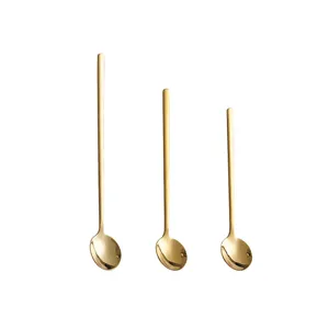 Set of three luxury gold stainless steel long handle round spoons, perfect for coffee.