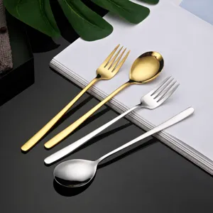 Stainless steel Korean cutlery set long handle spoon fork gold silver tableware set