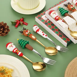 Christmas stainless steel cutlery set with cute silicone cartoon handles spoons and forks gift box