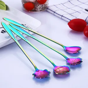 Stainless steel rainbow long handle coffee spoons with cute floral design for home dessert use.