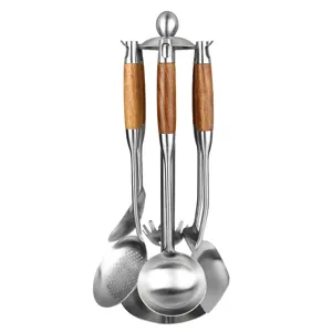 Stainless steel kitchen utensil set with wood handle 7-piece cooking tools stand holder
