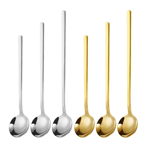 Stainless steel long handled stirring spoons set, gold and silver coffee dessert spoons.