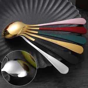 Colorful stainless steel round spoons set, elegant kitchen tableware for dessert and coffee.