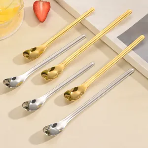 304 Stainless Steel Long Handle Ingot Spoons Set, Gold and Silver Dessert Spoons Home Use