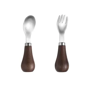 Stainless steel baby spoon fork set with wooden handle toddler self-feeding tableware main image