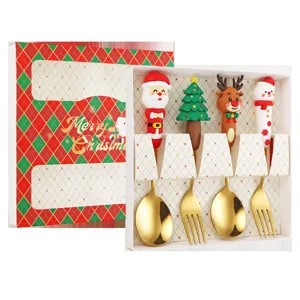 Christmas stainless steel cutlery set with cute silicone cartoon handle spoons and forks in gift box.