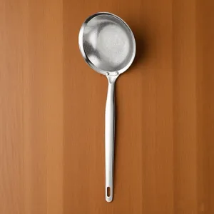 Stainless steel skimmer spoon for home kitchen hot pot skimming and filtering food residues.