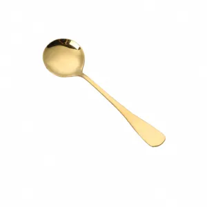 Stainless steel round spoon, gold small dinner spoon, ergonomic handle tableware for home.