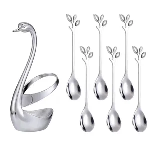 Stainless steel swan holder set with six leaf dessert spoons, elegant tabletop tableware.