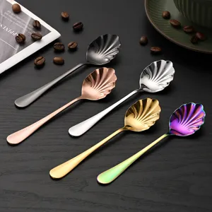 Stainless steel shell spoons in multiple colors, perfect for coffee, dessert, cake, and ice cream.
