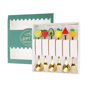 Stainless steel cute fruit design spoon and fork gift set with colorful cartoon handles.