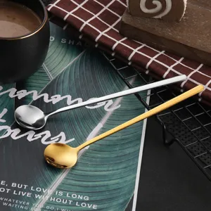 Stainless steel long handle round spoons, golden and silver coffee stirring spoons, dessert spoons.